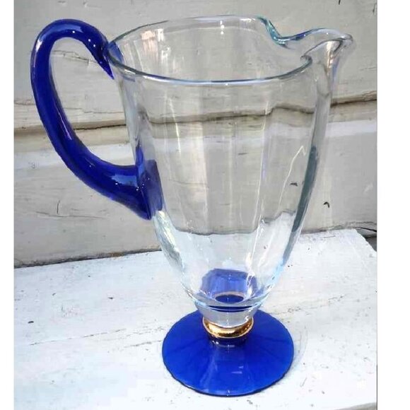 Stunning Romania Crystal Clear Glass Pitcher Cobalt Blue Gold Gilded Ring Bas - Picture 2 of 8